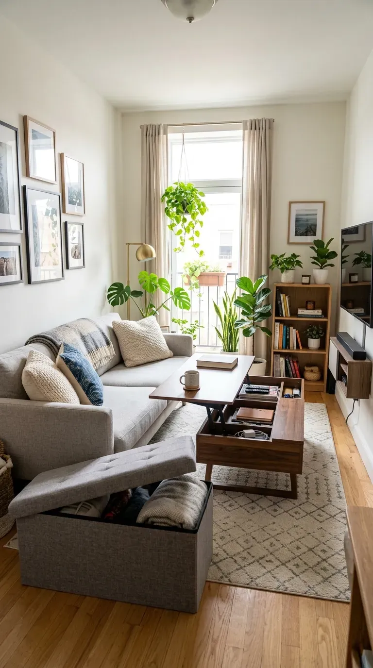 Small living room with storage ottoman and lift-top coffee table
