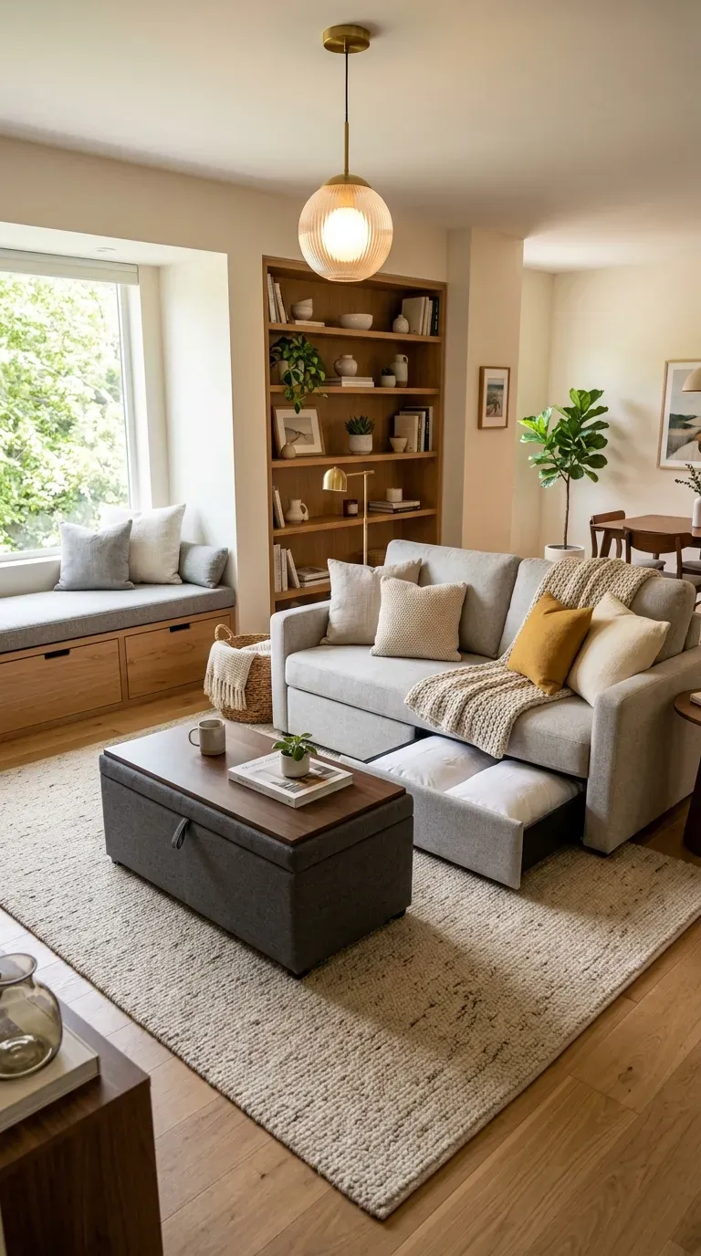 Living room with storage ottoman and coffee table with hidden compartments