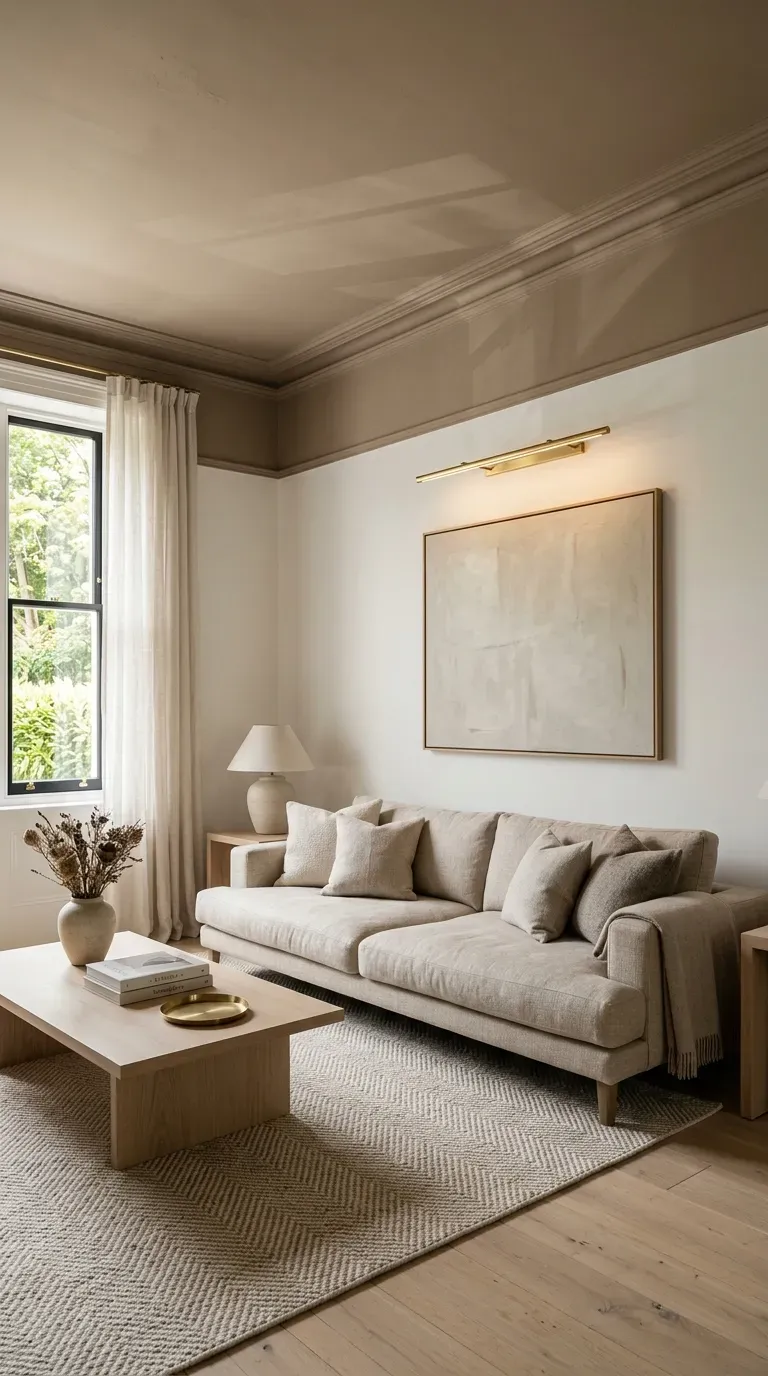 Living room with warm mushroom ceiling band for depth
