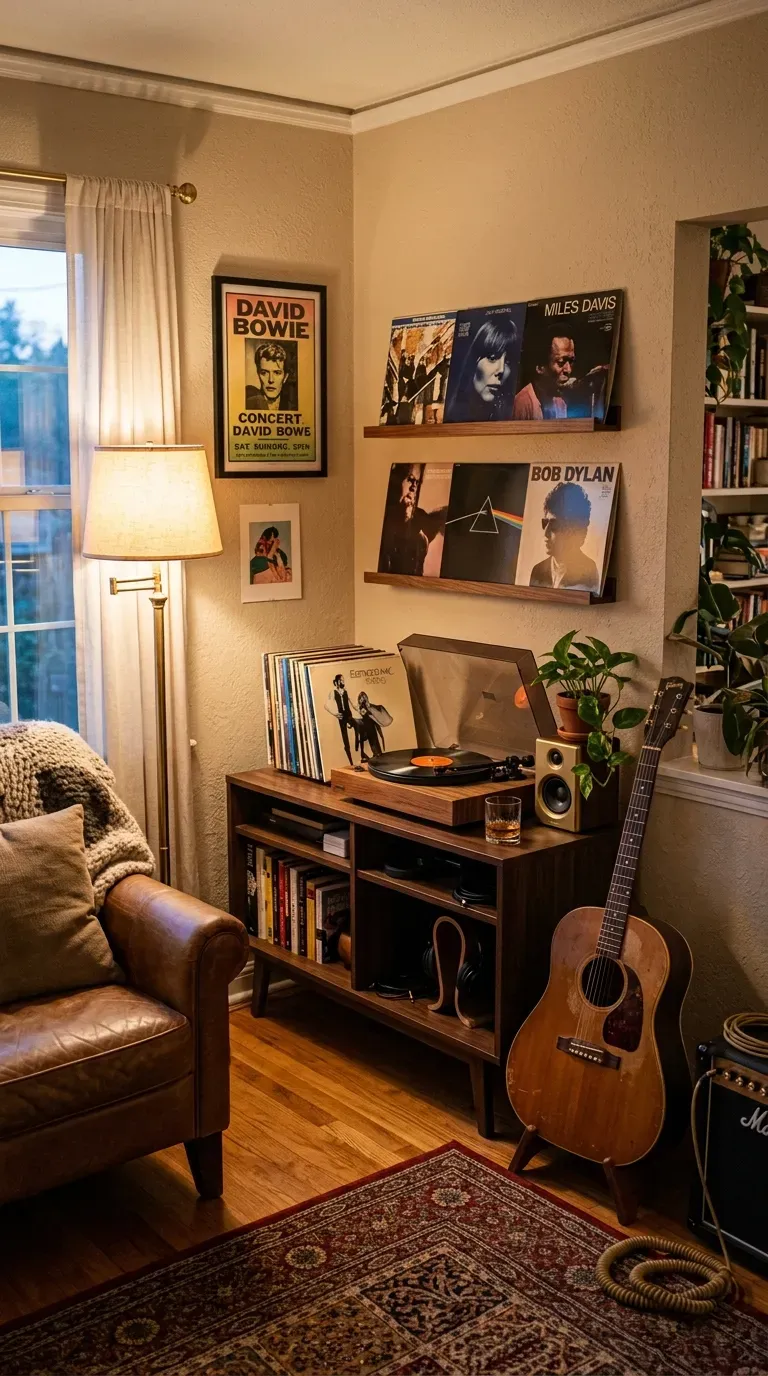 Record player and instrument display in living room corner