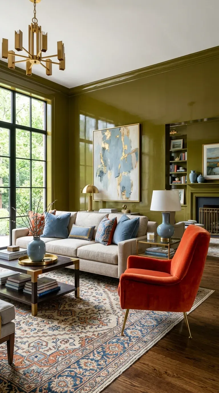 Elegant living room with muted teal walls and caramel accents