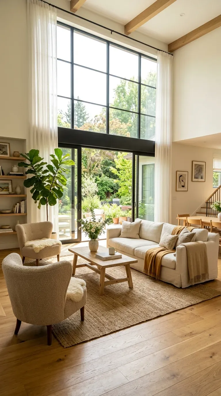 Bright living room flooded with natural light from large windows