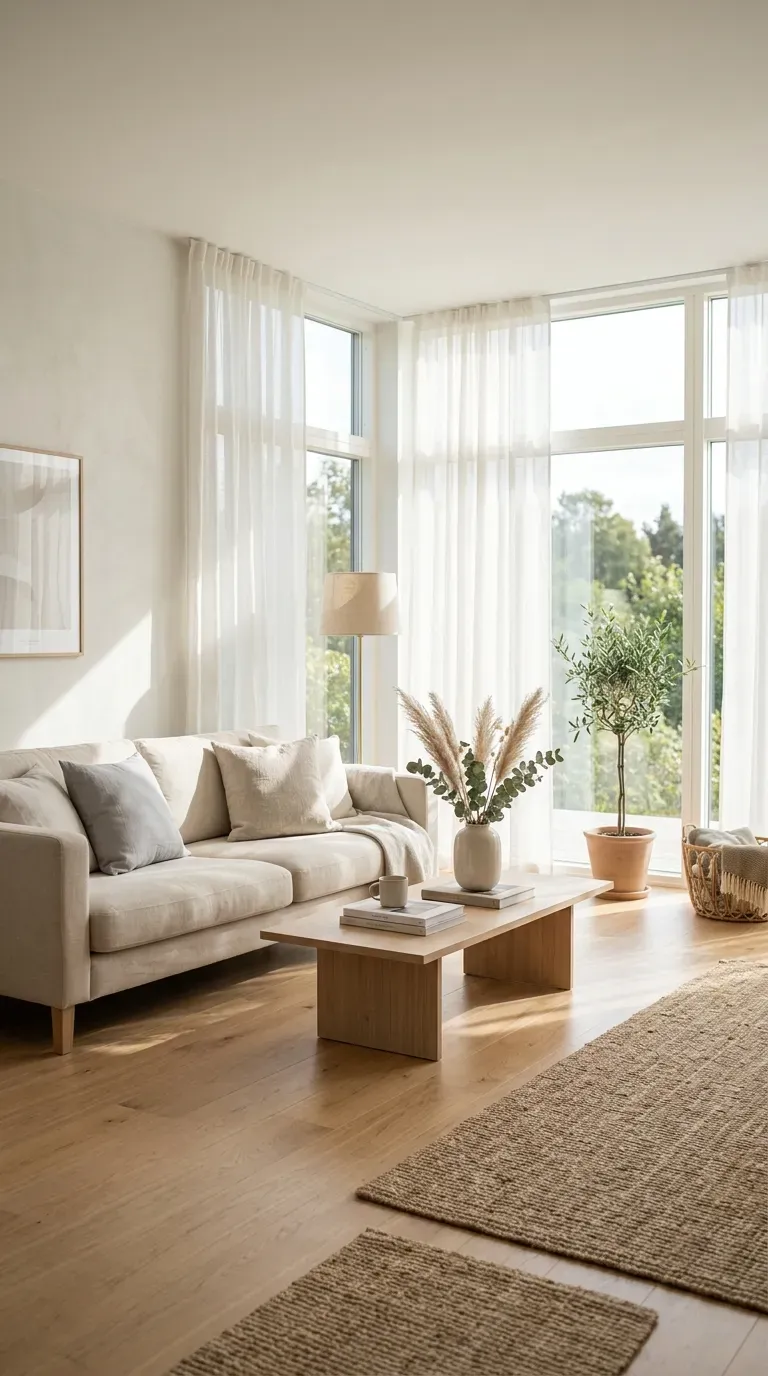 Bright minimalist living room flooded with natural light