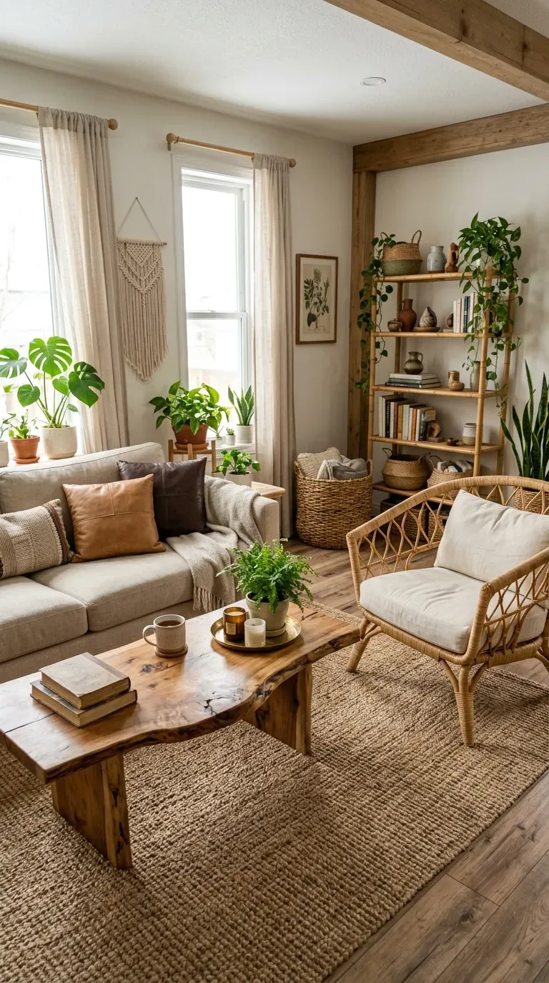 Boho living room with rattan furniture and natural wood elements