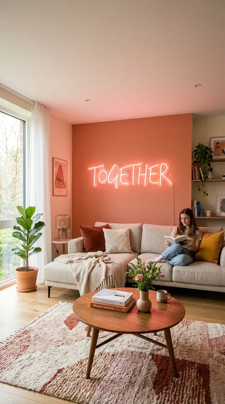 Playful living room with custom neon sign as statement piece