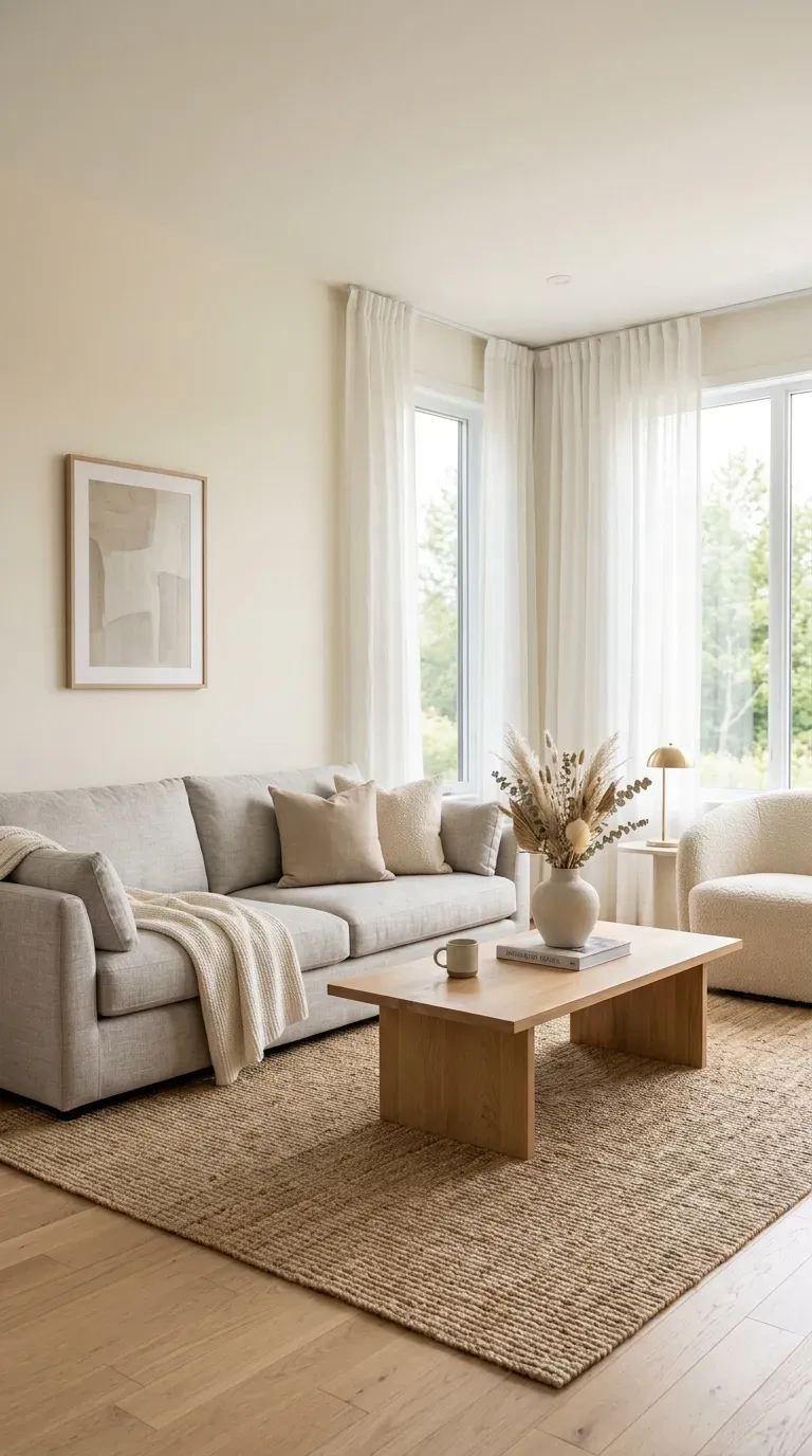 Calm minimalist living room with soft beige and cream neutral tones