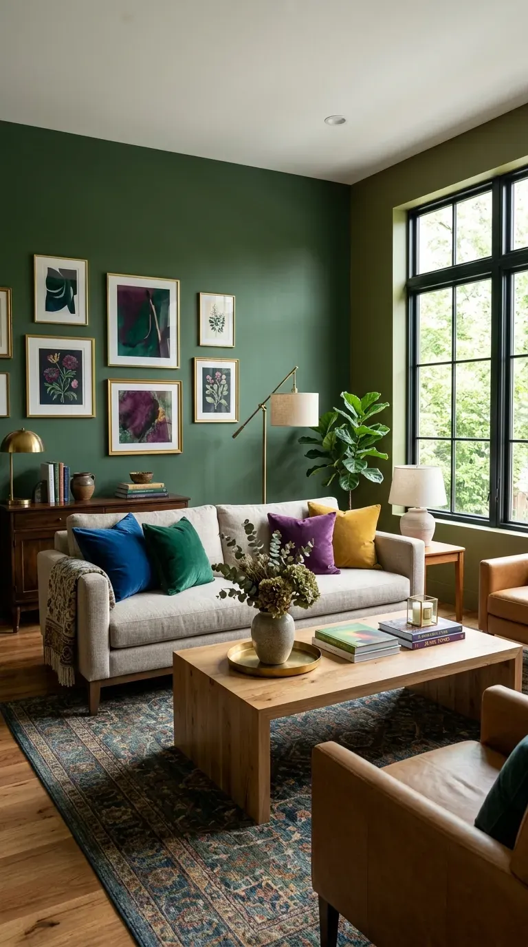 Dynamic living room with olive walls and blood orange accent chair