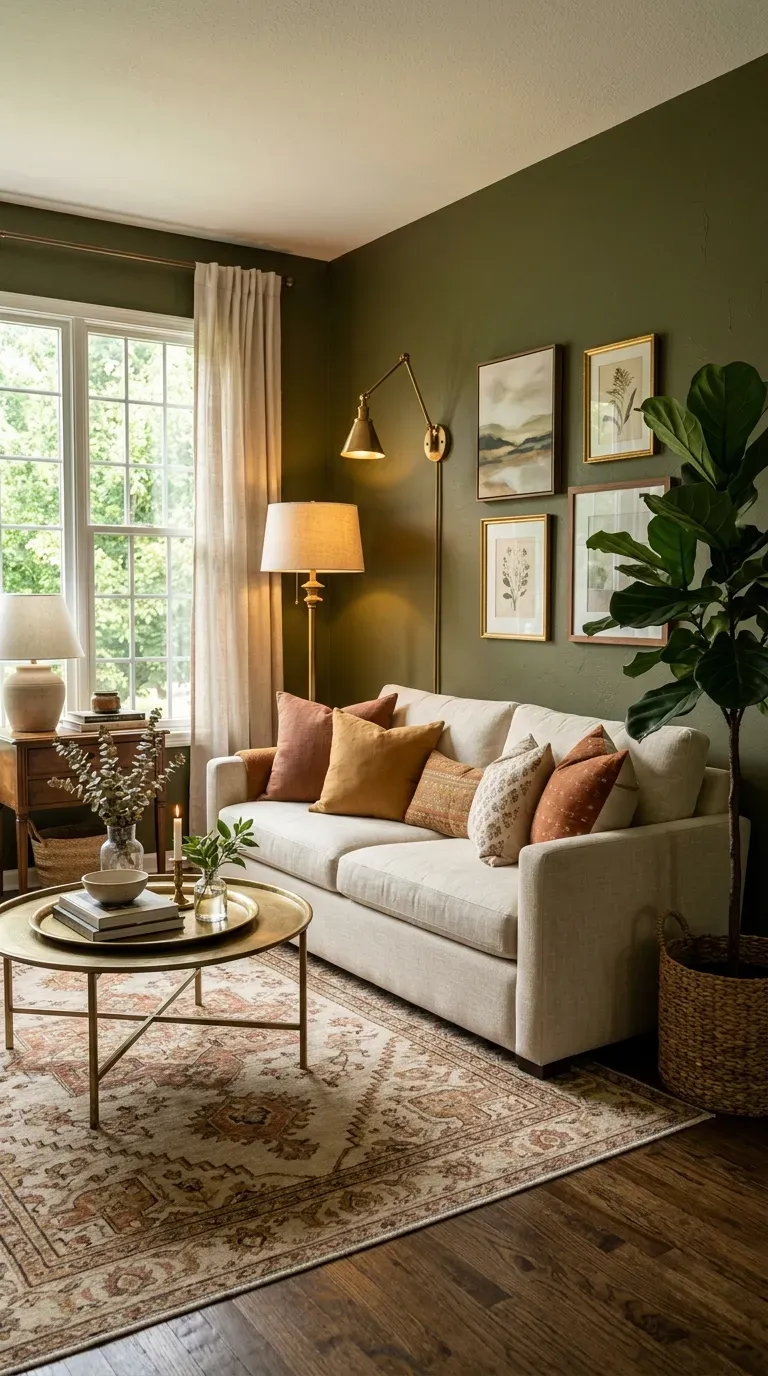 Sophisticated living room with rich olive green walls and brass accents