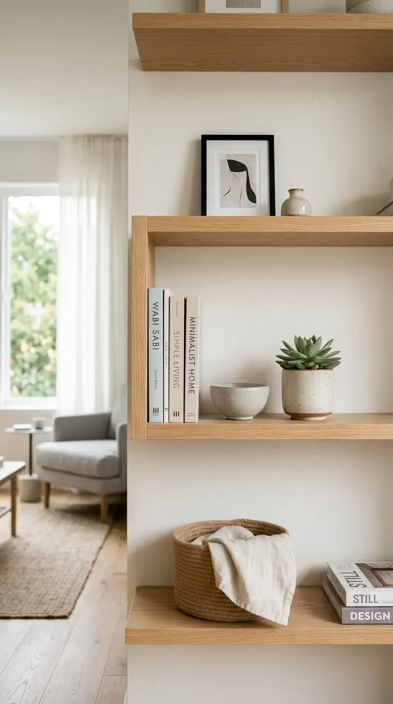 Minimalist living room with thoughtfully styled open shelving