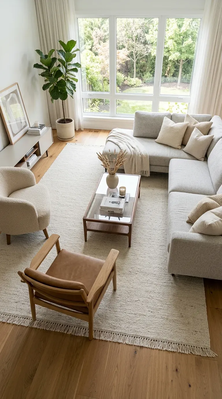 Living room with large area rug extending under all furniture