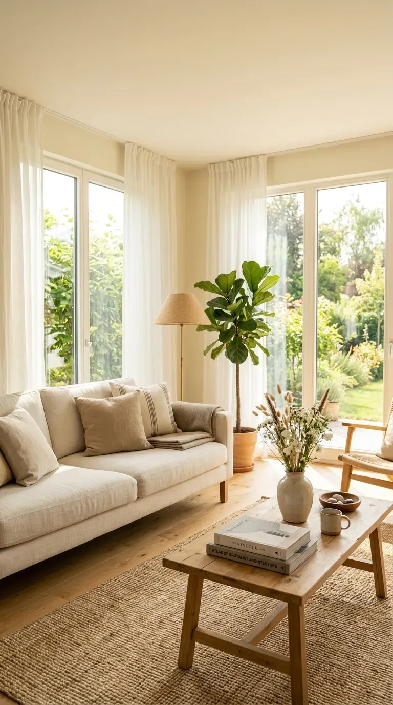 Sun-drenched living room with oyster white walls and natural light