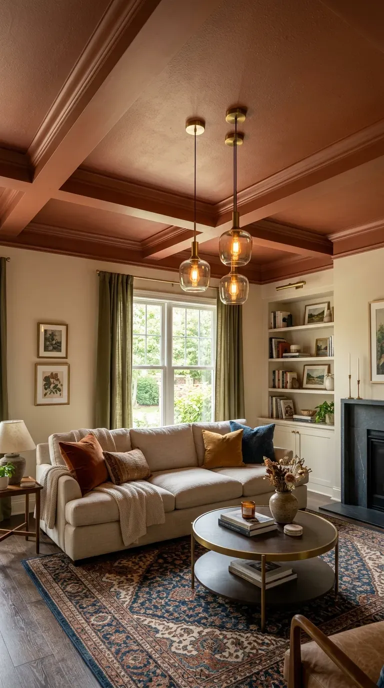 Living room with painted ceiling drawing eye upward