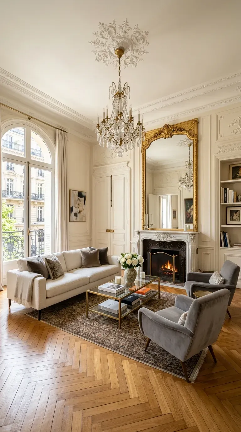 Elegant Parisian-style living room with high ceilings and classic details