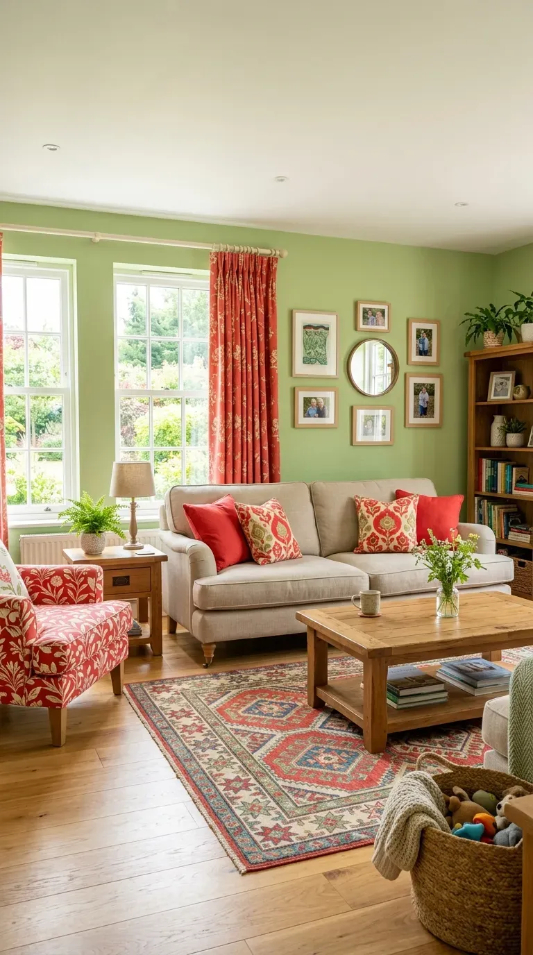 Cheerful living room with pea green walls and poppy red accents
