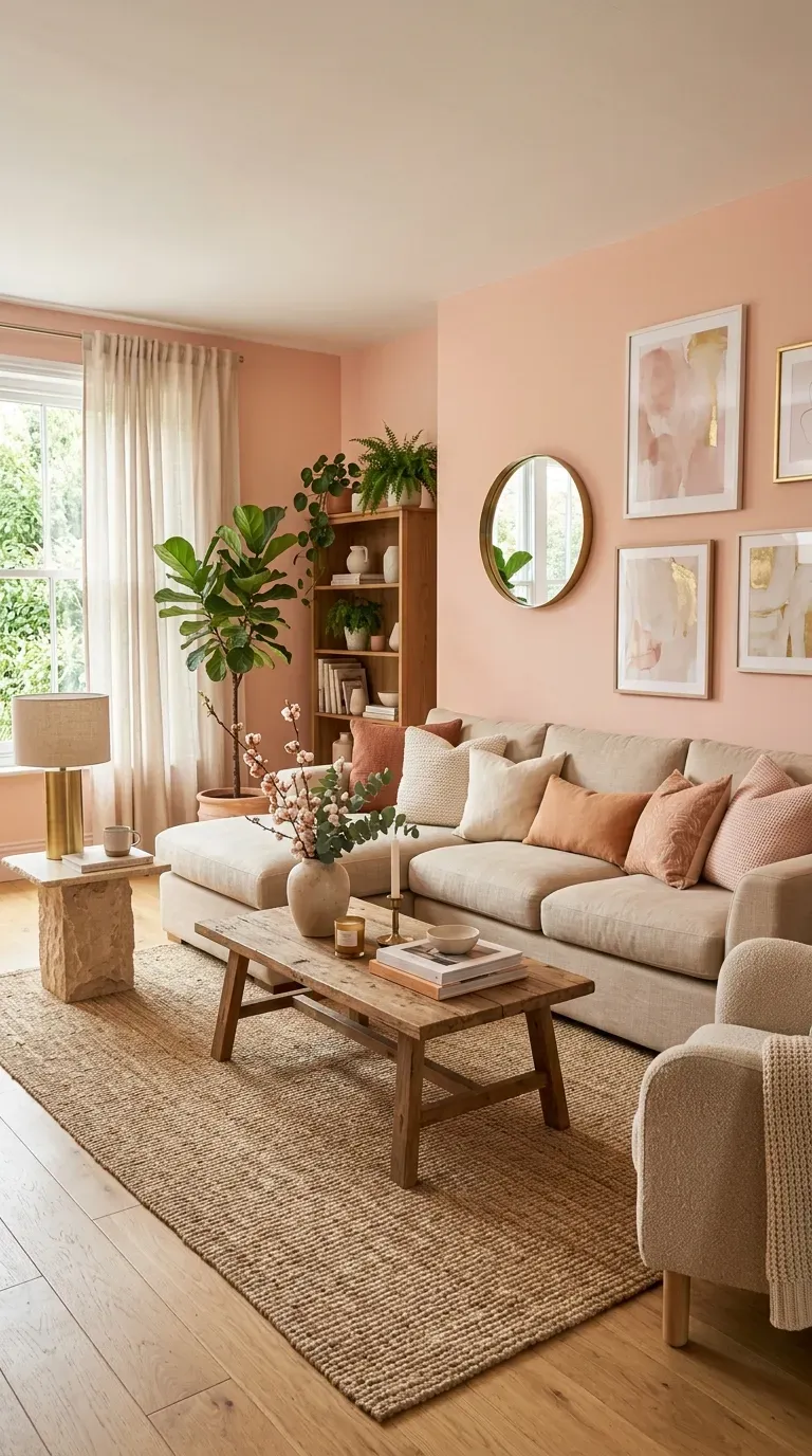 Soft peach blossom pink living room with natural materials