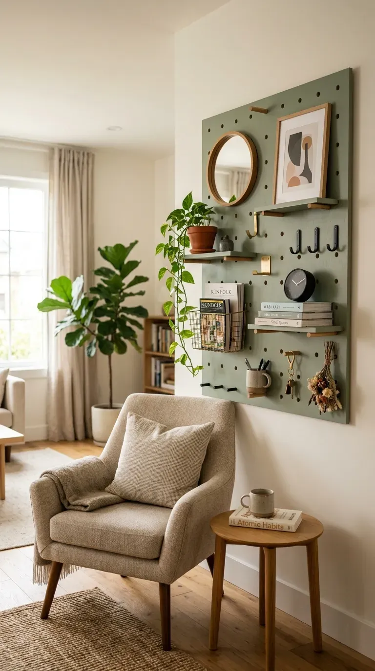 Stylish pegboard wall displaying decorative and functional items