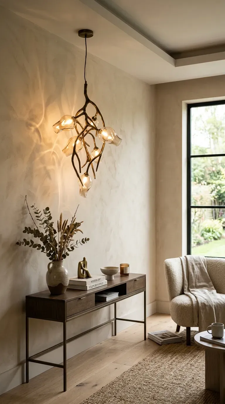 Living room with sculptural pendant against wall as decor