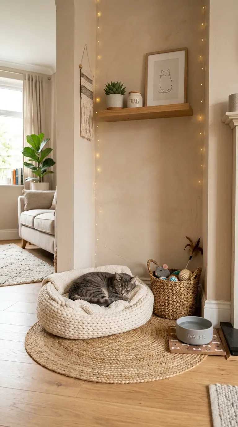 Pet corner with bed and toys tucked into awkward alcove
