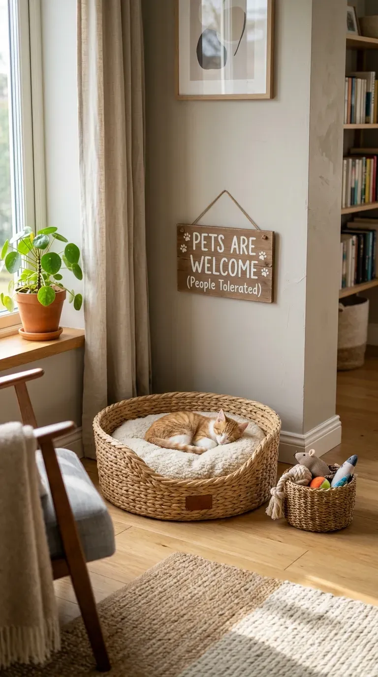 Stylish pet bed and toy basket in living room corner