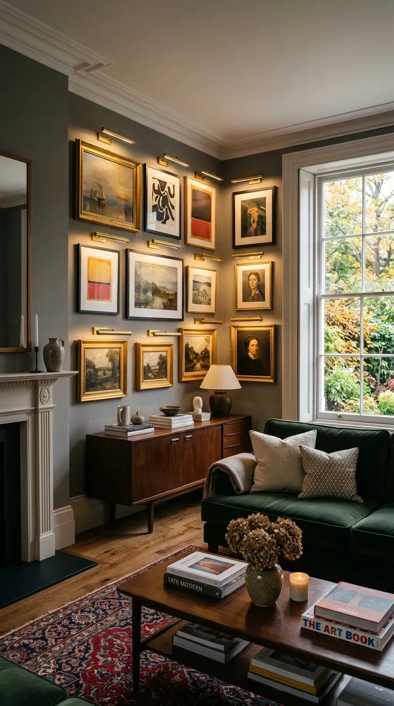 Artwork illuminated by picture lights in living room