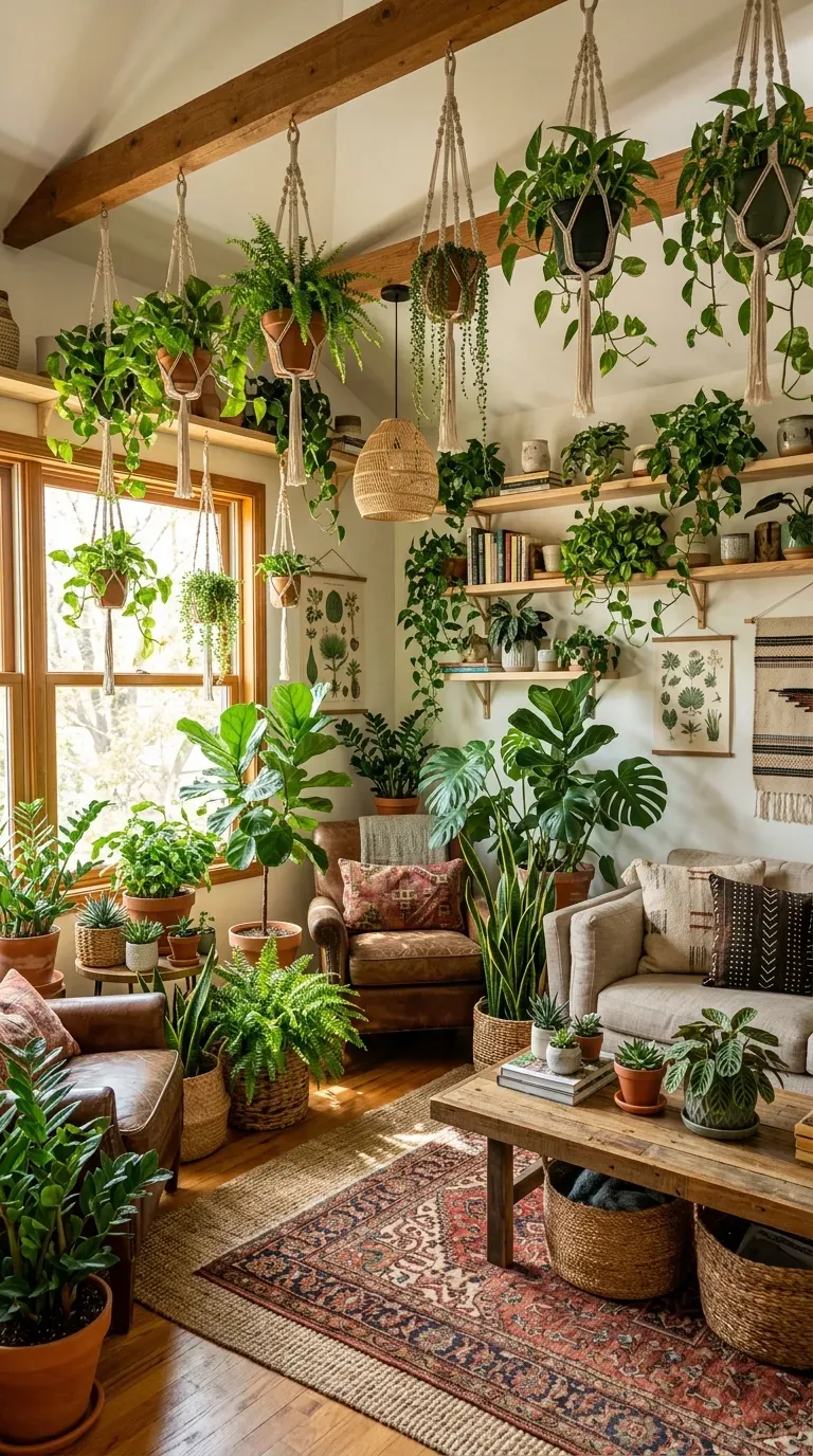Boho living room filled with lush plants and greenery