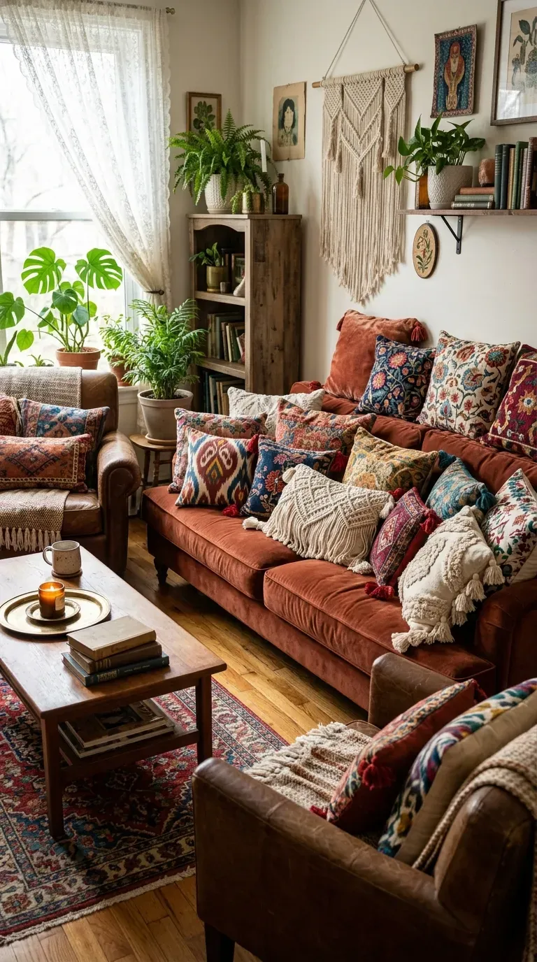 Boho living room with abundant plush pillows in varied patterns