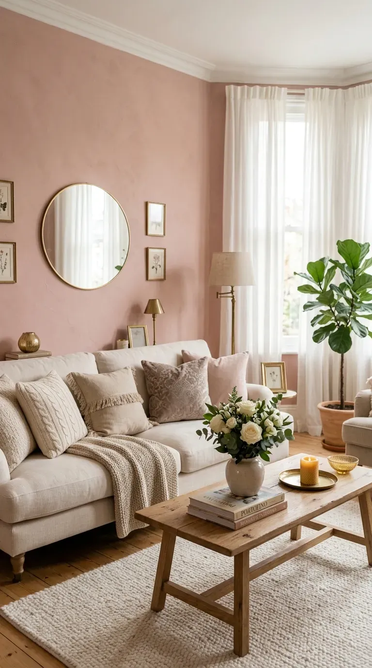 Romantic living room with Portofino pink walls and dreamy atmosphere