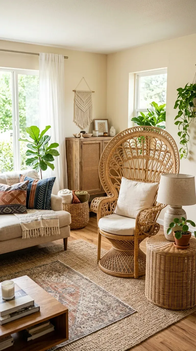Boho living room with rattan accent chair and wicker furniture