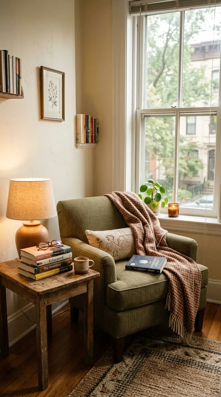 Small living room corner with cozy reading chair and lamp