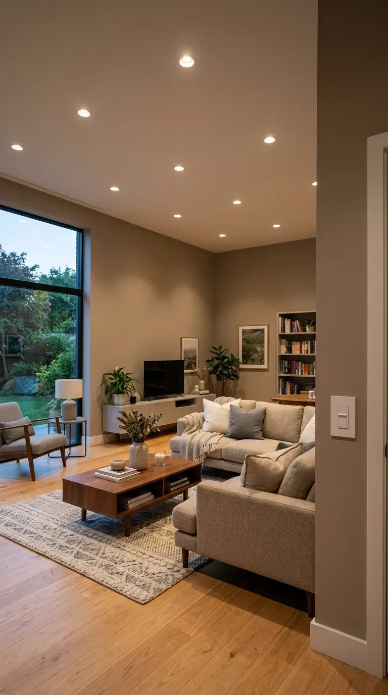 Modern living room with recessed lighting on dimmer