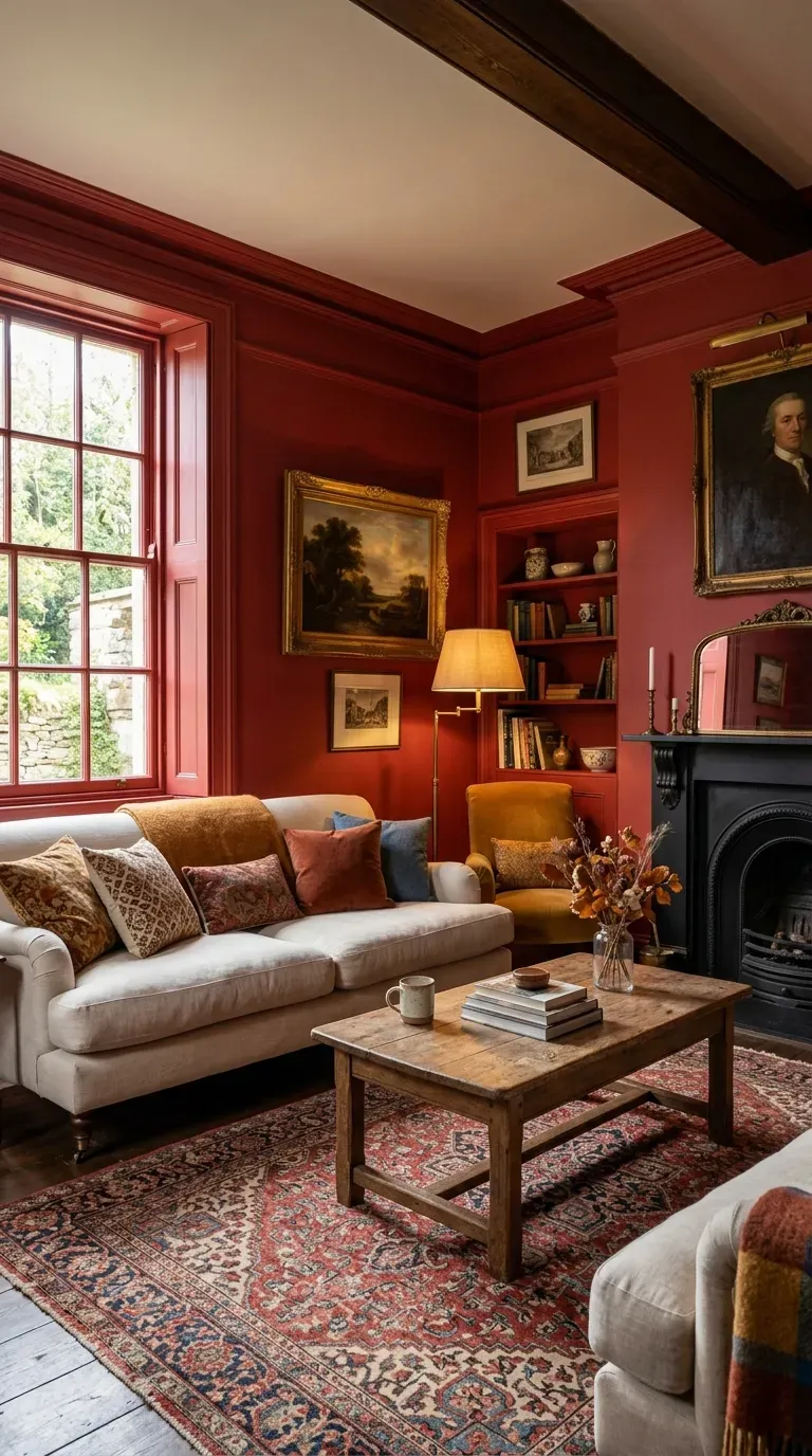 Enchanting living room with Rectory Red walls creating intimate atmosphere