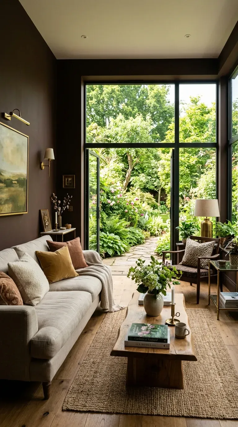 Intimate living room with rich chocolate brown walls and garden views
