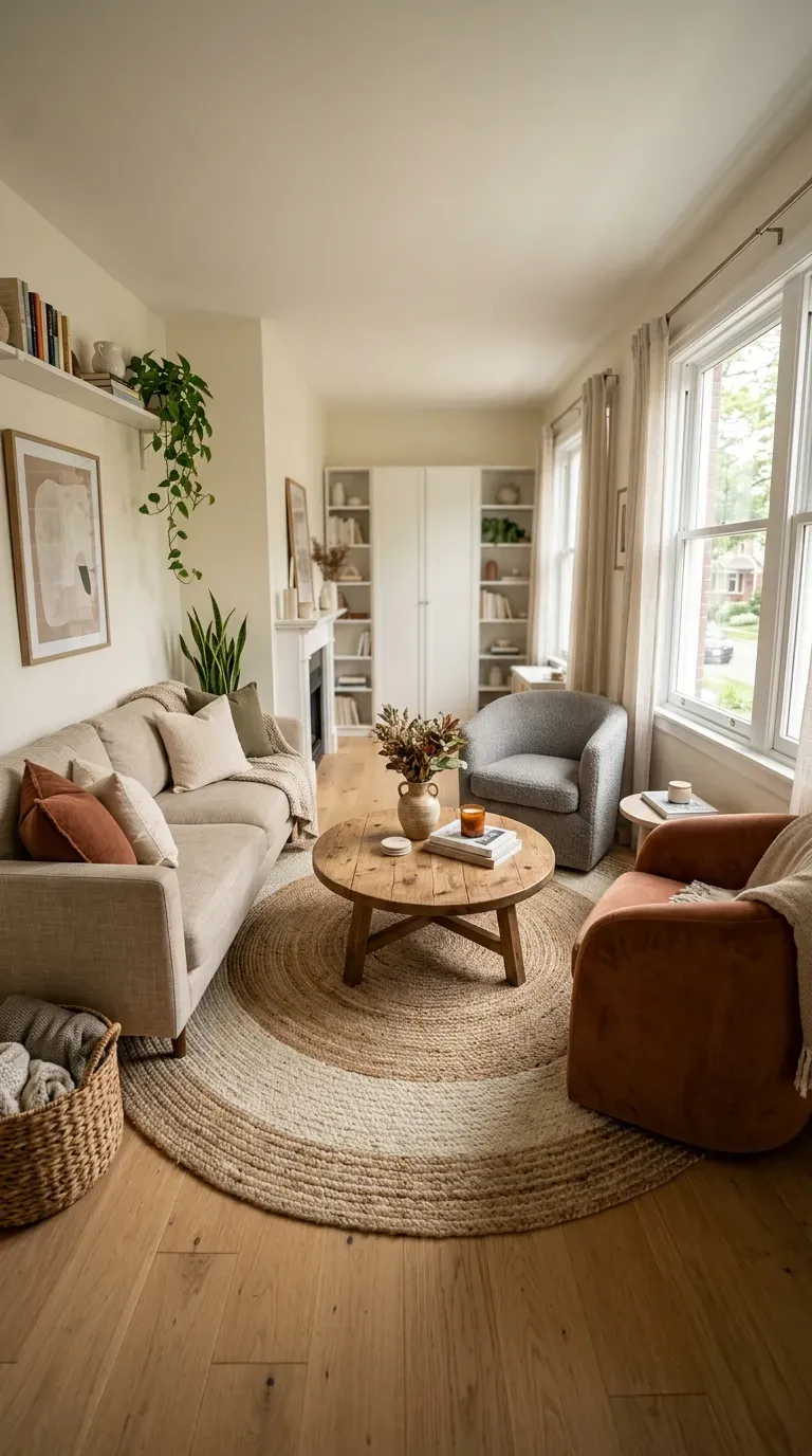 Narrow living room with round coffee table and circular rug