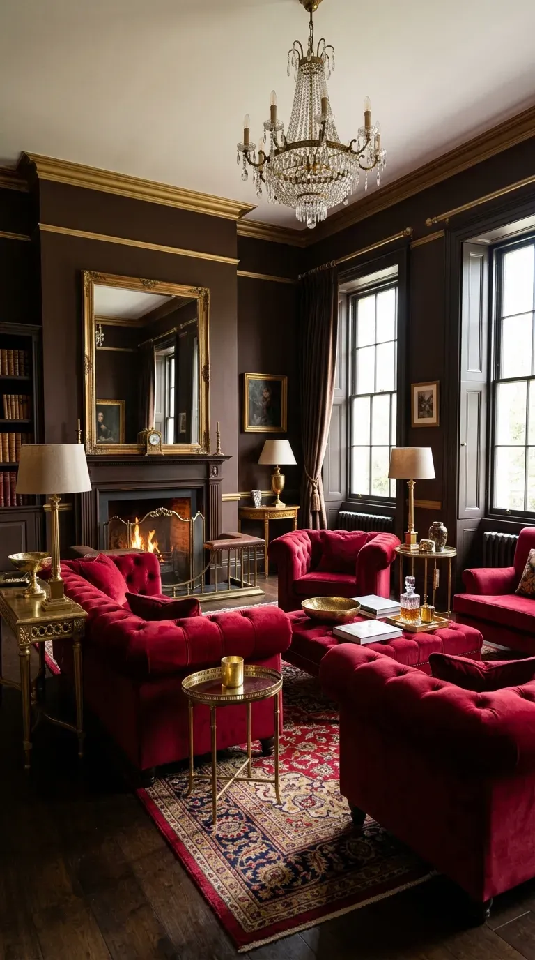 Dramatic living room with ruby velvet sofas and chocolate brown walls