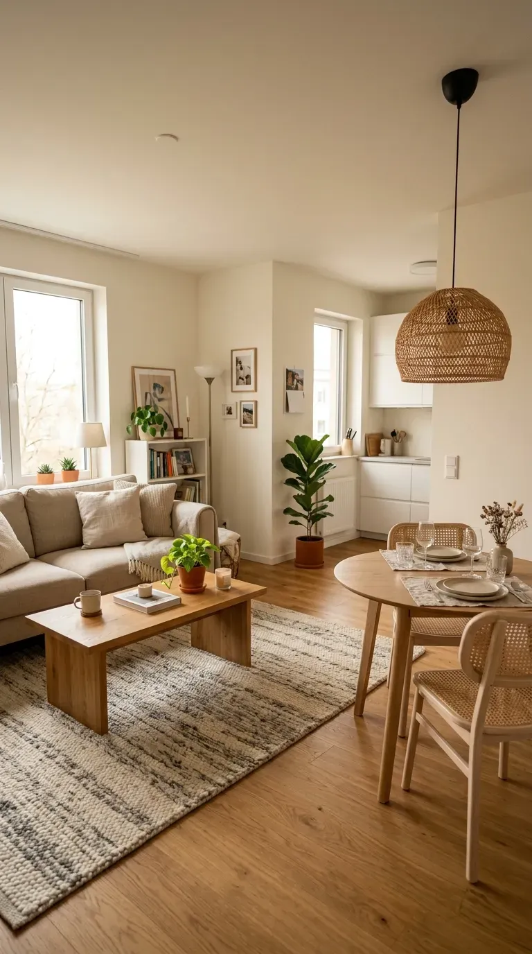 Small open-plan apartment with rug defining living zone and pendant light over dining