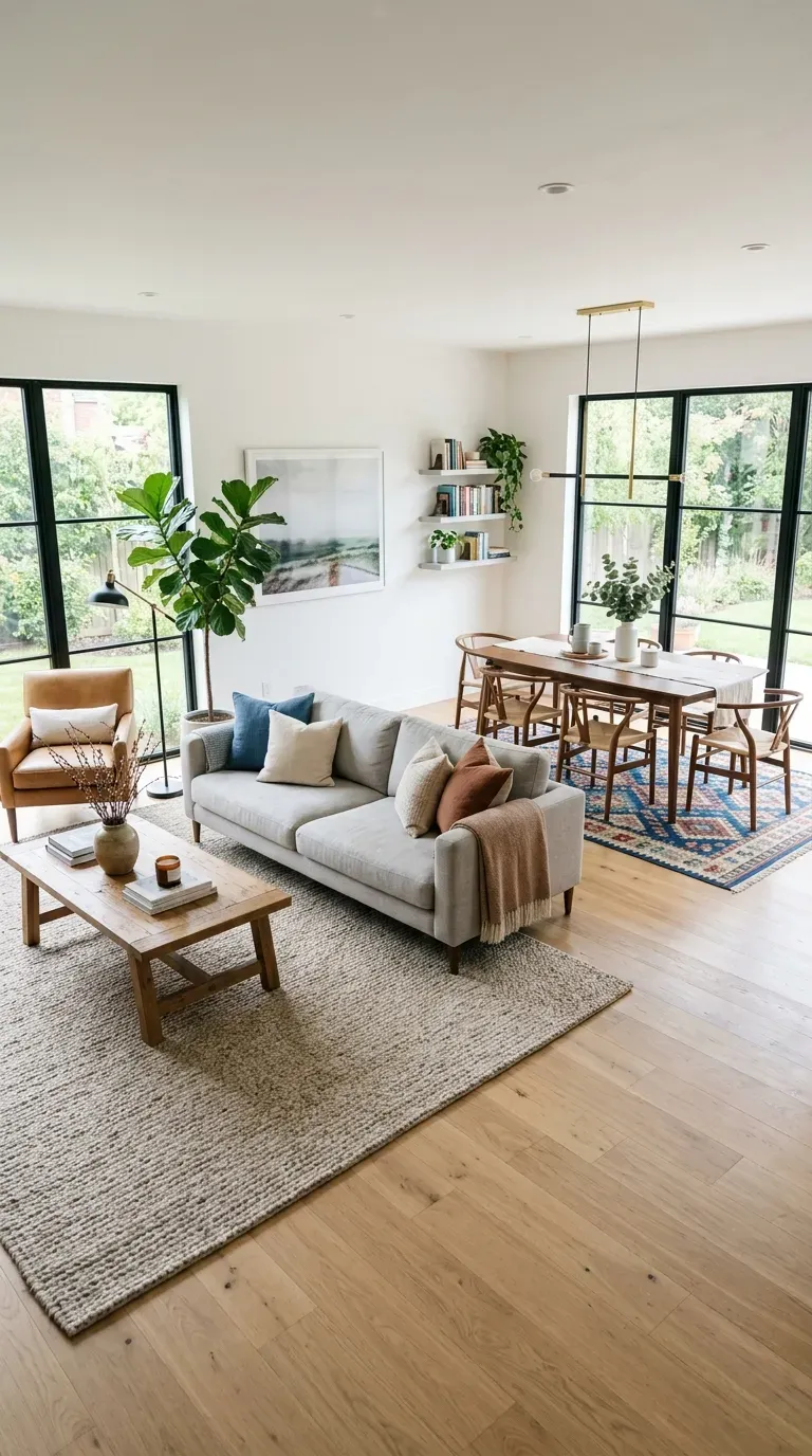 Open-concept living space with area rugs defining separate zones