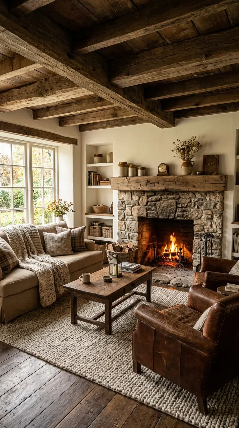 Rustic living room with exposed beams and stone fireplace