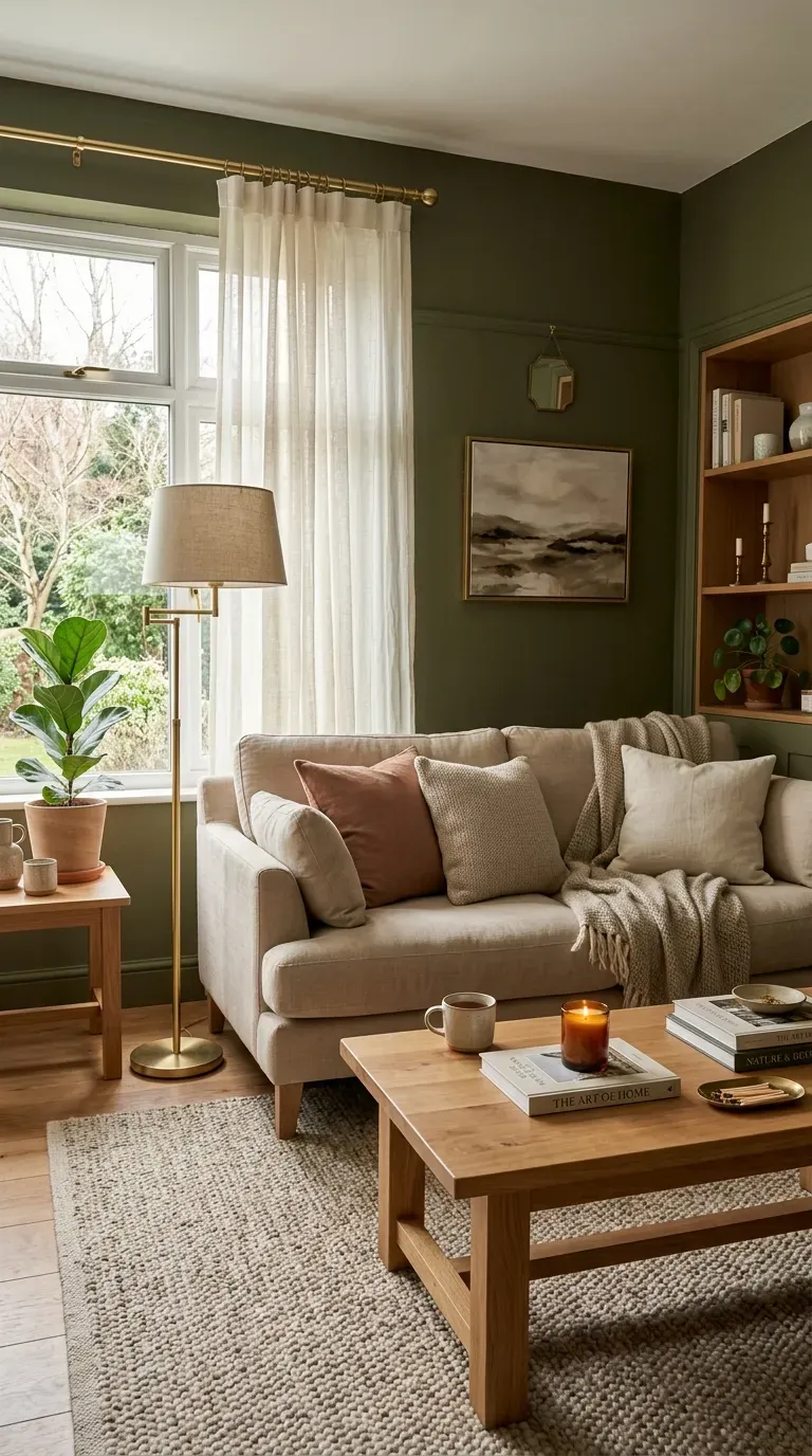 Tranquil living room with sage green walls and warm neutral furnishings