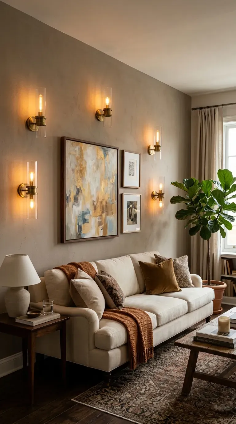 Living room wall with decorative sconce lighting arrangement
