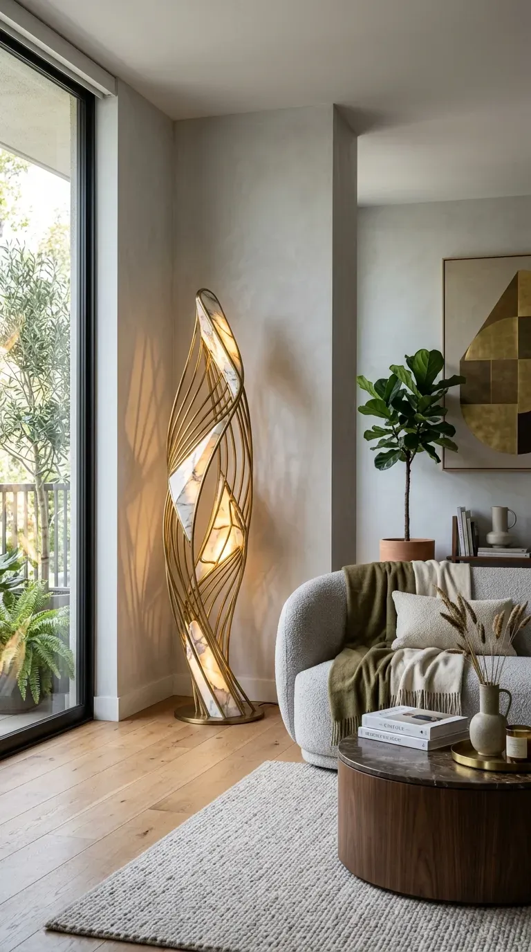 Dramatic sculptural floor lamp as art piece in living room