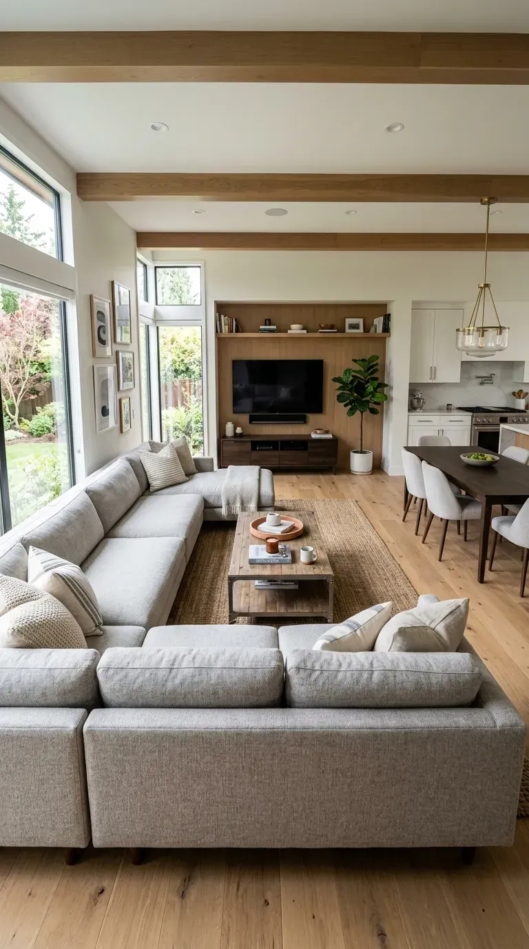Large L-shaped sectional framing living space in open-concept room