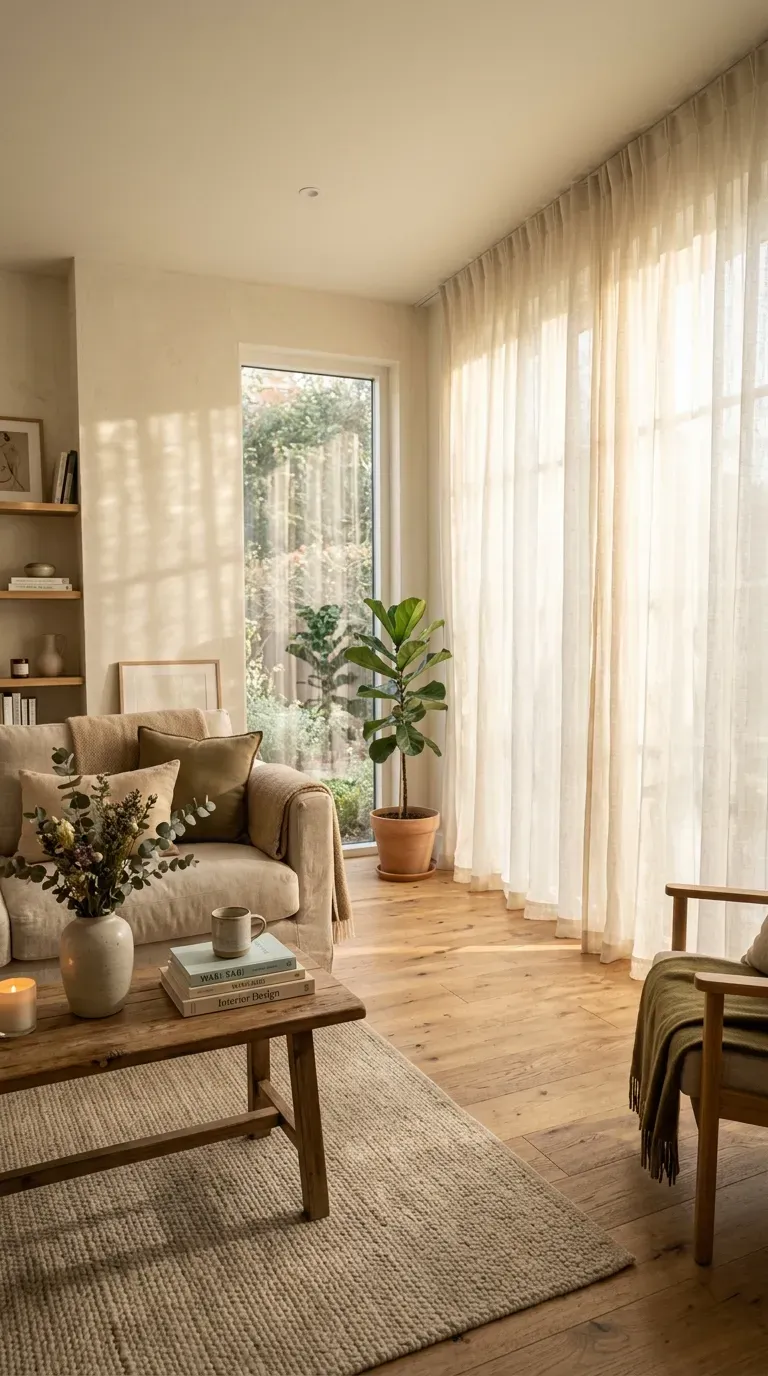 Living room with sheer curtains diffusing natural light
