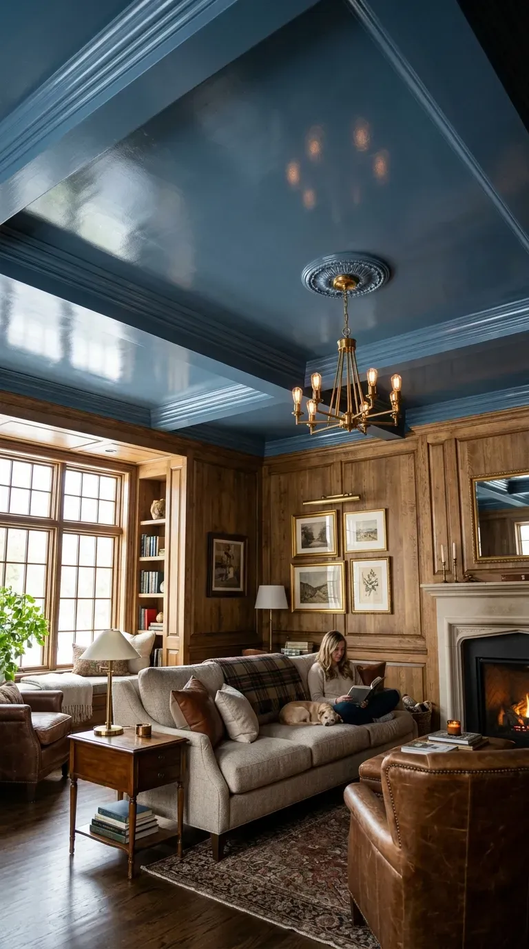 Wood-paneled room with glossy slate blue ceiling