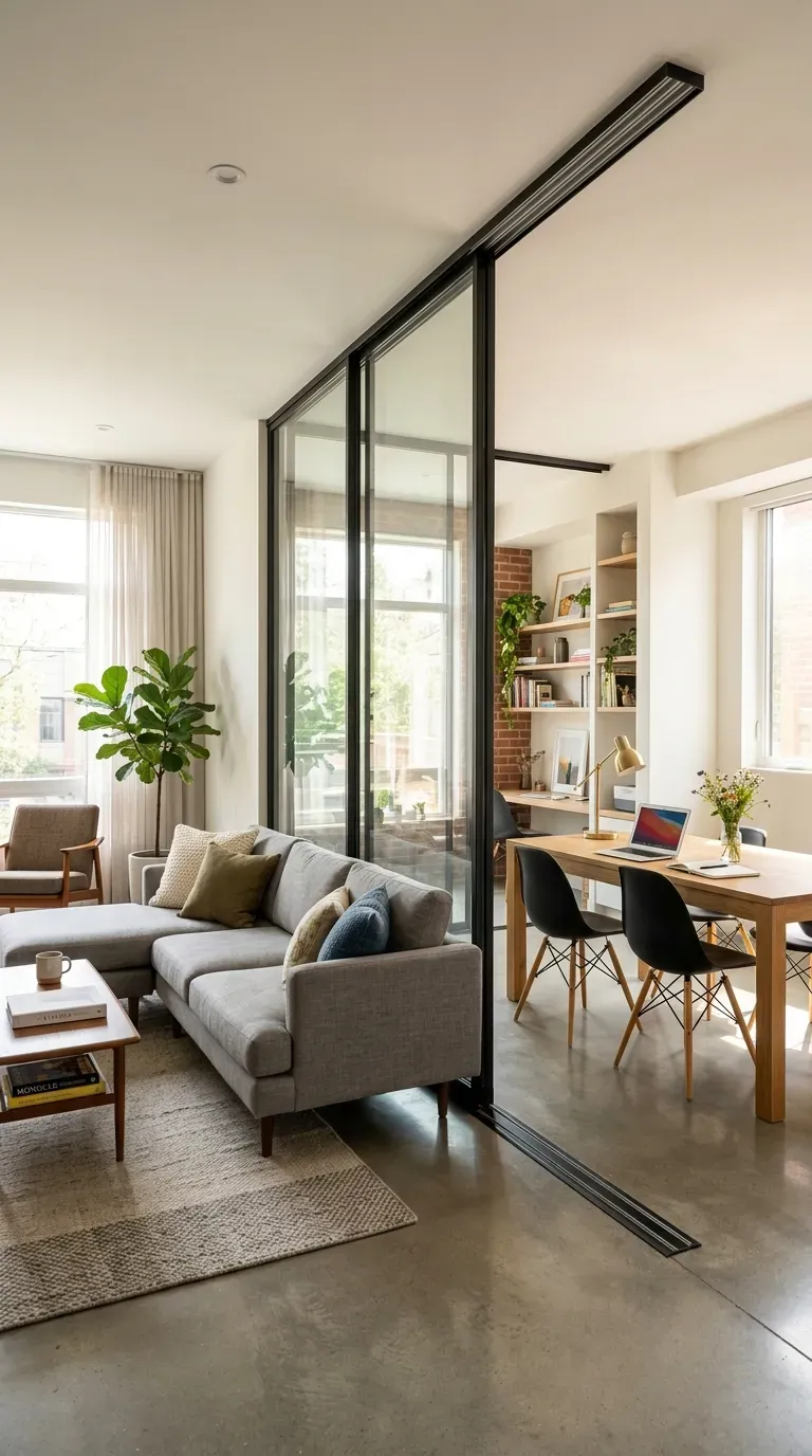Open-concept room with sliding door partition defining separate zones