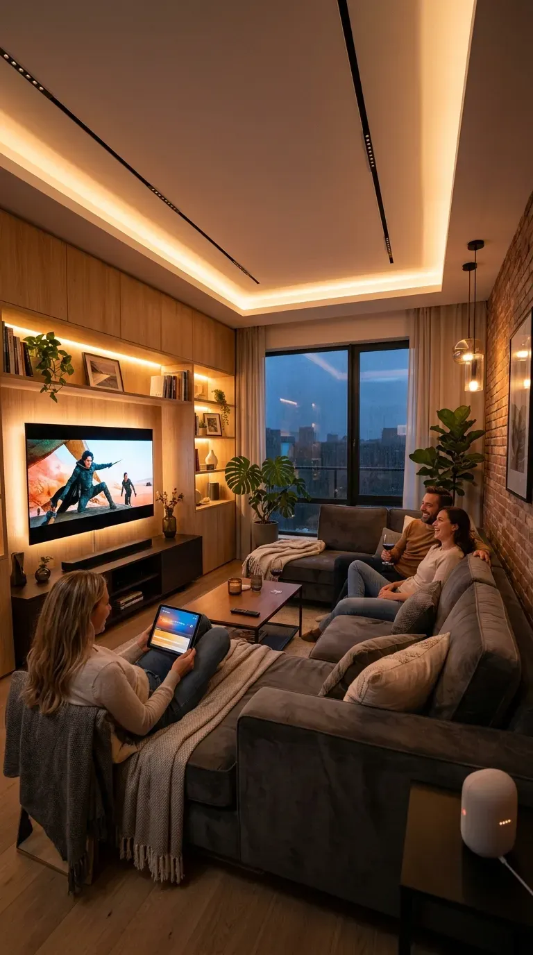 Modern living room with smart lighting creating custom scenes