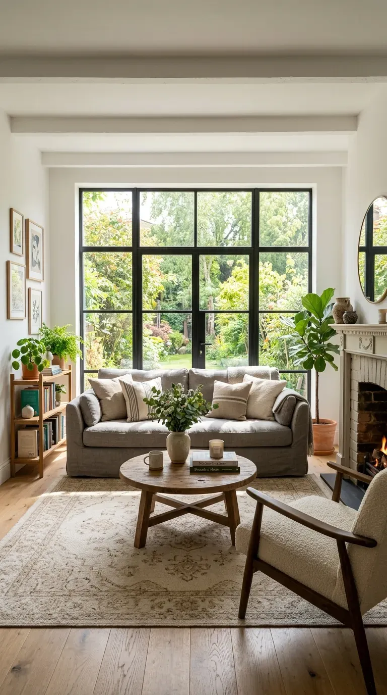 Sofa placed against window in room with multiple doorways