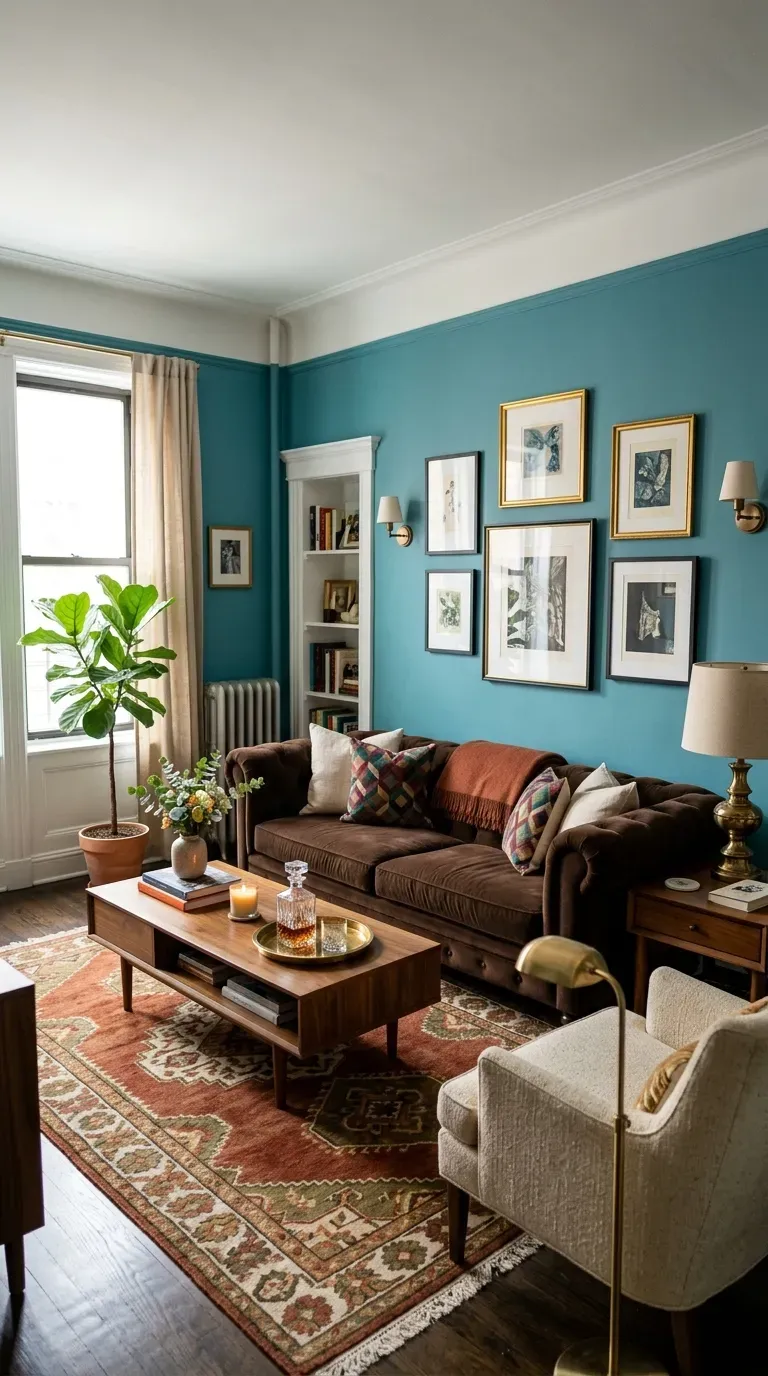 Airy living room with soft sky blue walls and white paneling