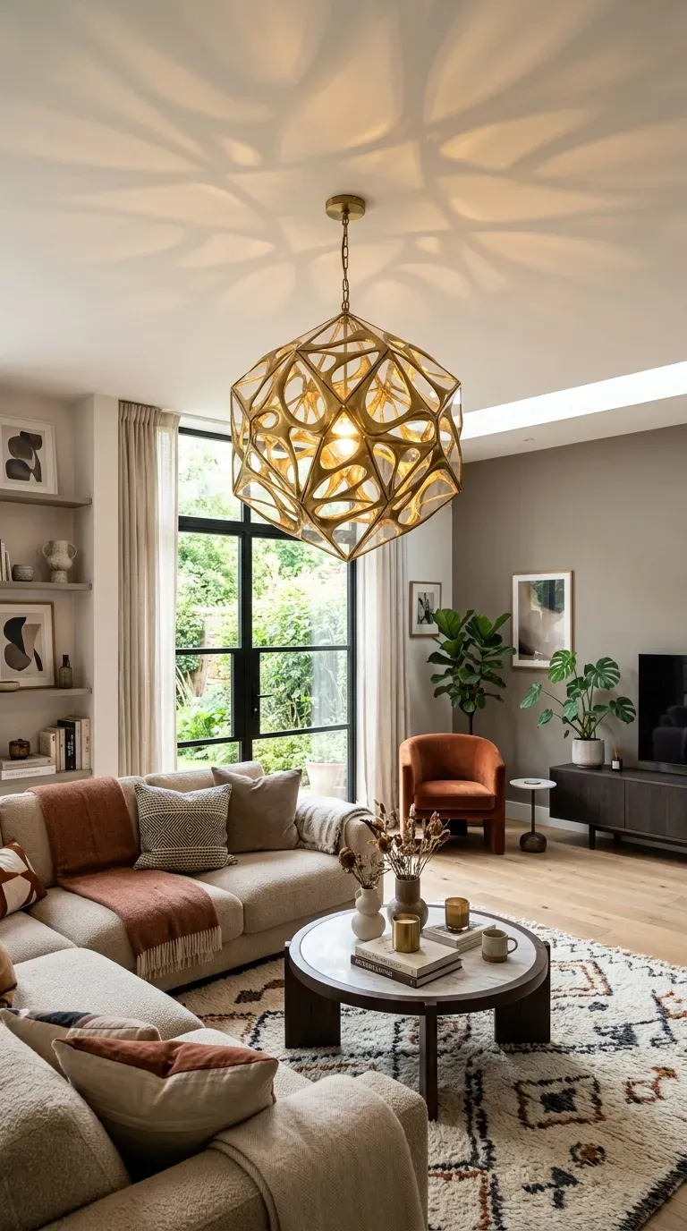 Modern living room with sculptural statement pendant light