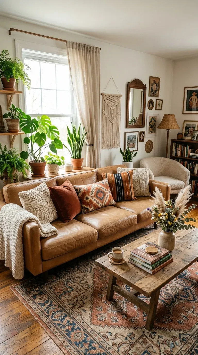 Boho living room with comfortable statement sofa and layered pillows
