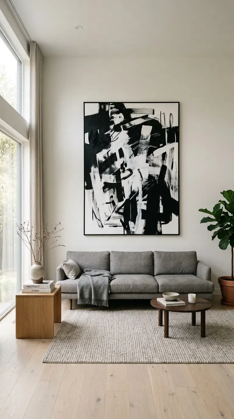 Minimalist living room with slatted wood feature wall